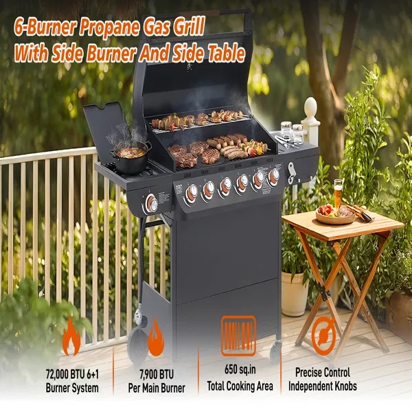 6 Burner BBQ Propane Gas Grill With Side Burner 72000 BTU Output Stainless Steel Barbecue Grill With Cast Iron Grates And Side Tables For Outdoor Cooking Kitchen And Patio Backyard. - Image 5