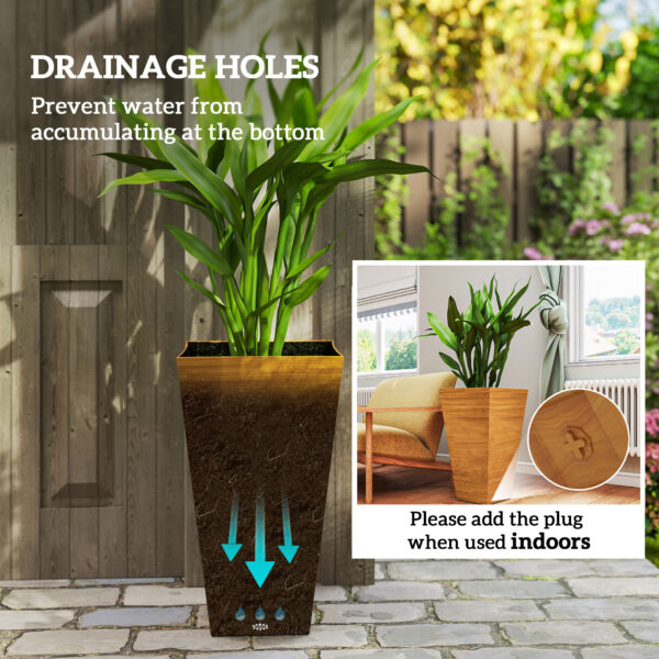 Set of 3 Tall Planters, 28" Outdoor Planter w/ Drainage Holes, Faux Wood Plastic Flower Pots, Light Brown - Image 3