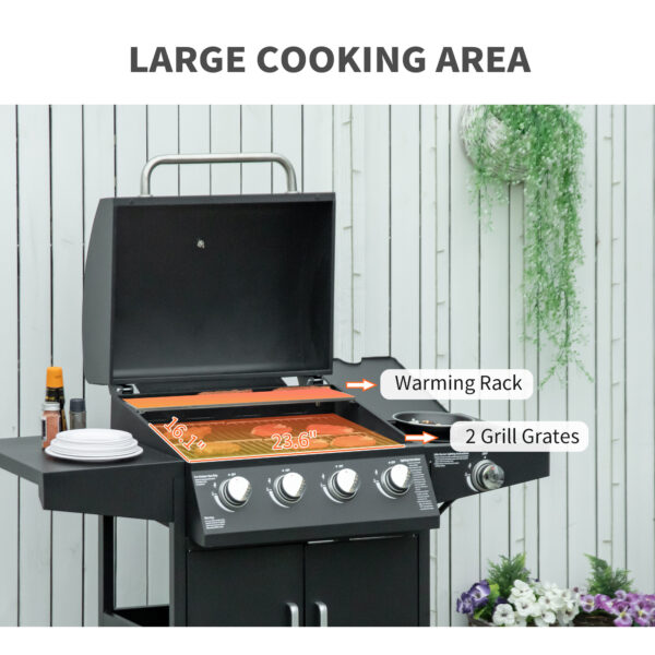 52" Barbecue Grill with Wheels 4+1 Burner Liquid Propane Gas Grill Outdoor Cabinet Style BBQ Trolley w/ Side Burner, Warming Rack - Image 3
