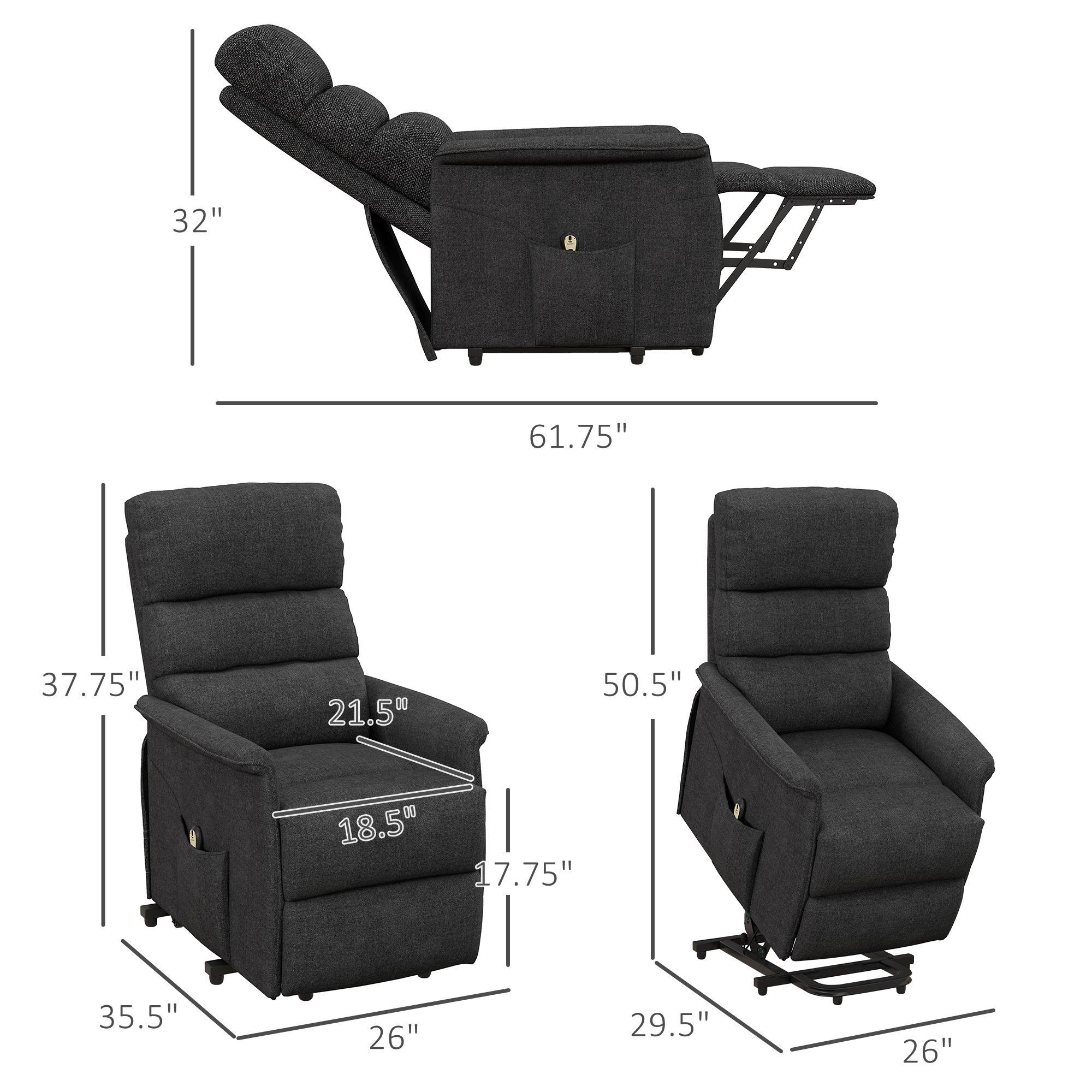 Power Lift Chair for Seniors, Electric Lift Recliner Chair with Remote Control, Side Pockets for Living Room, Black - Image 4