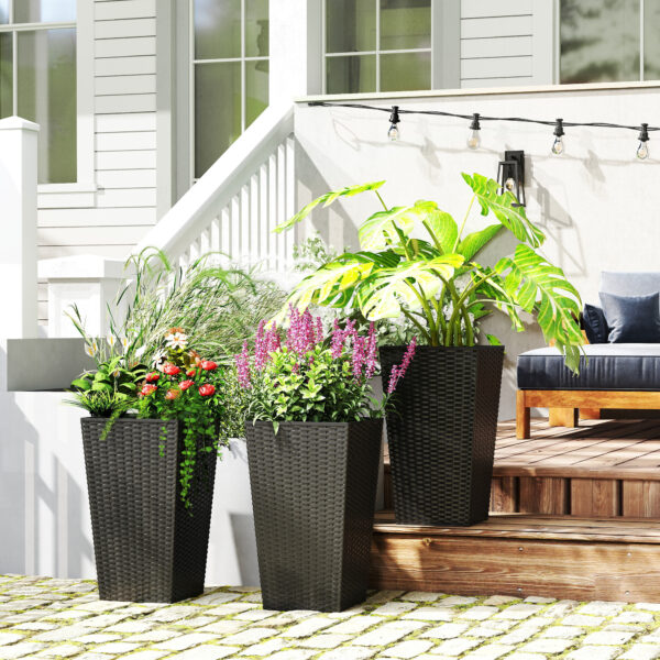 Tall Planters for Outdoor Plants Set of 3, 24 In Taper Planters with Drainage Holes, Rattan Decor Plant Pots for Indoor Outdoor Front Porch Patio Backyard, Black - Image 5