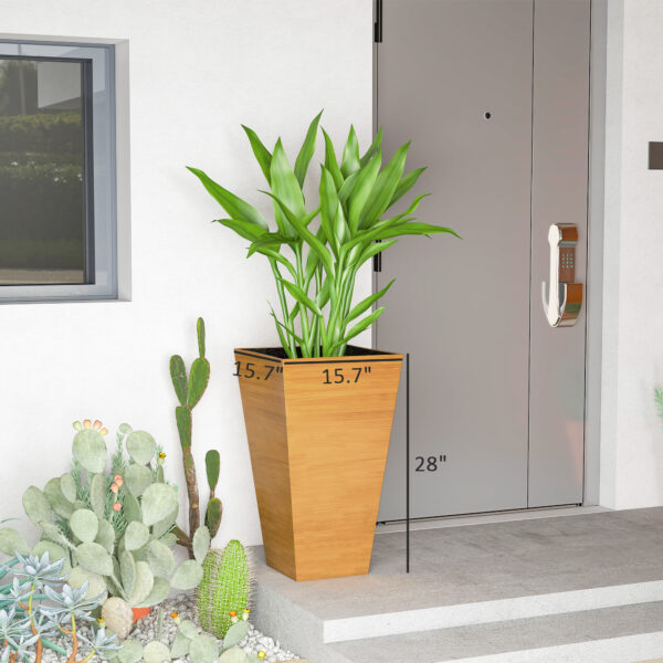 Set of 3 Tall Planters, 28" Outdoor Planter w/ Drainage Holes, Faux Wood Plastic Flower Pots, Light Brown - Image 7