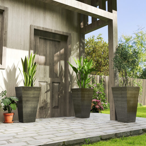Set of 3 Tall Planters, 28" Outdoor Planter w/ Drainage Holes, Faux Wood Plastic Flower Pots, Dark Brown - Image 7