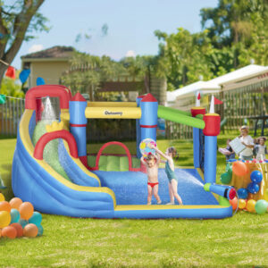 6-in-1 Inflatable Bounce House With Slide, Climbing Wall, Water Cannon, And More, Inflatable Water Slide For Kids With 2 Min. Inflation