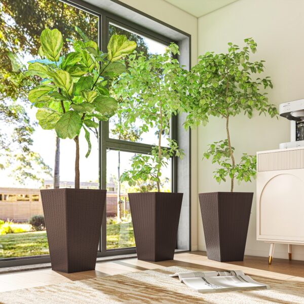 Set of 3 Tall Planters with Drainage Hole, 24" Outdoor Flower Plant Pots, Indoor Planters for Porch, Front Door, Entryway, Patio and Deck, Brown - Image 4