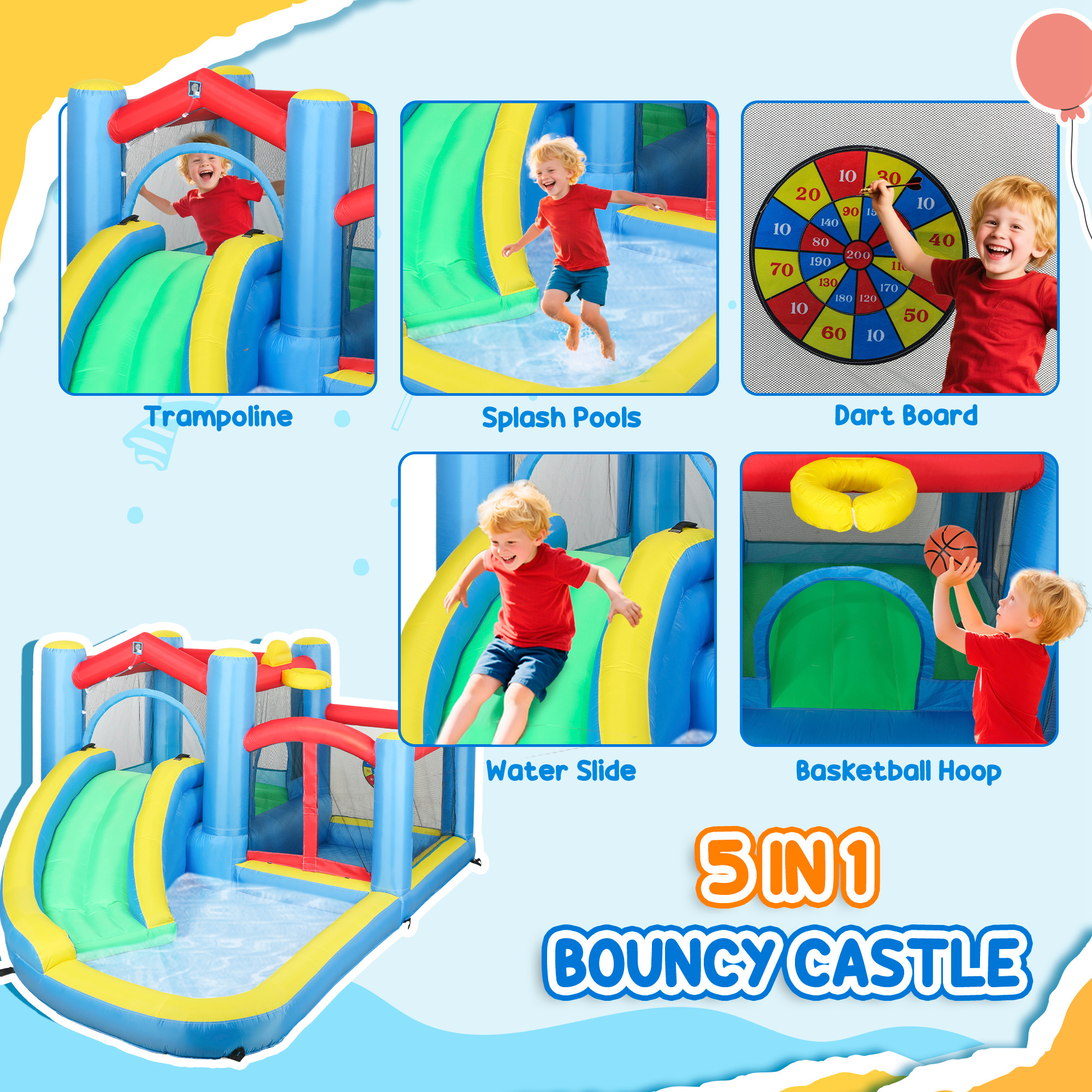 Inflatable Water Slide Bounce House W 550W Blower, Large Trampoline, Splash Pool, Basketball Hoop, Dart Board - Image 6