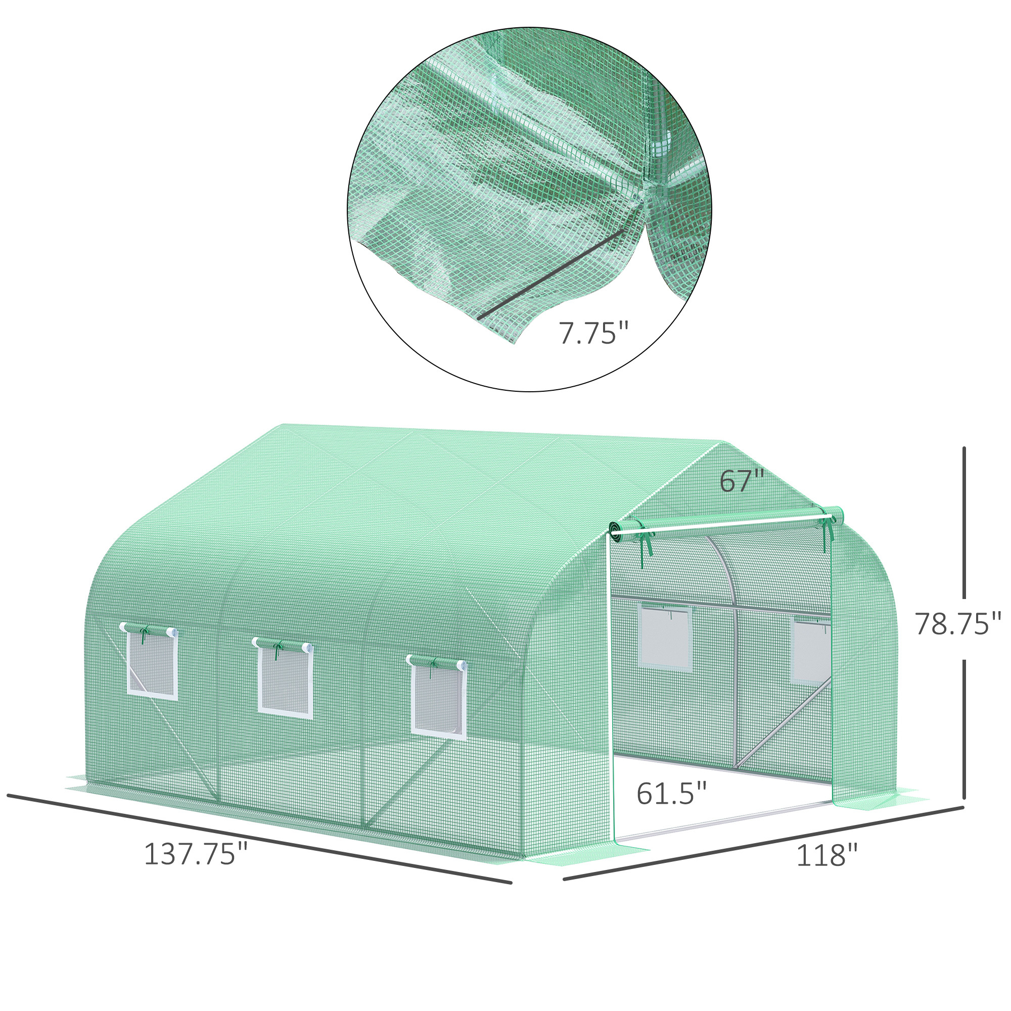 Outdoor Walk-In Tunnel Greenhouse 11.5 X 10 X 6.5 With Roll-up Windows Zippered Door PE Cover Green - Image 2