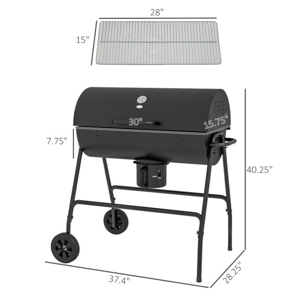 Barrel Charcoal BBQ Grill, Barbecue with 420 sq.in. Cooking Area, Wheels, Ash Catcher, Black - Image 5