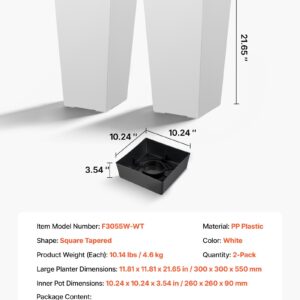 Tall Planters Set Of 2, 22 Inch Large Outdoor Taper Planters For Outdoor Indoor Plants, Front Porch Plastic Modern Flower Pots With Casters, Inner Pot & Drainage Holes For Patio, Garden, White