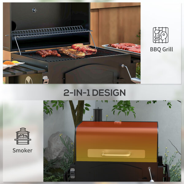 Charcoal BBQ Grill w/ Adjustable Height, Folding Shelves, Thermometer, and Wheels, Black - Image 2