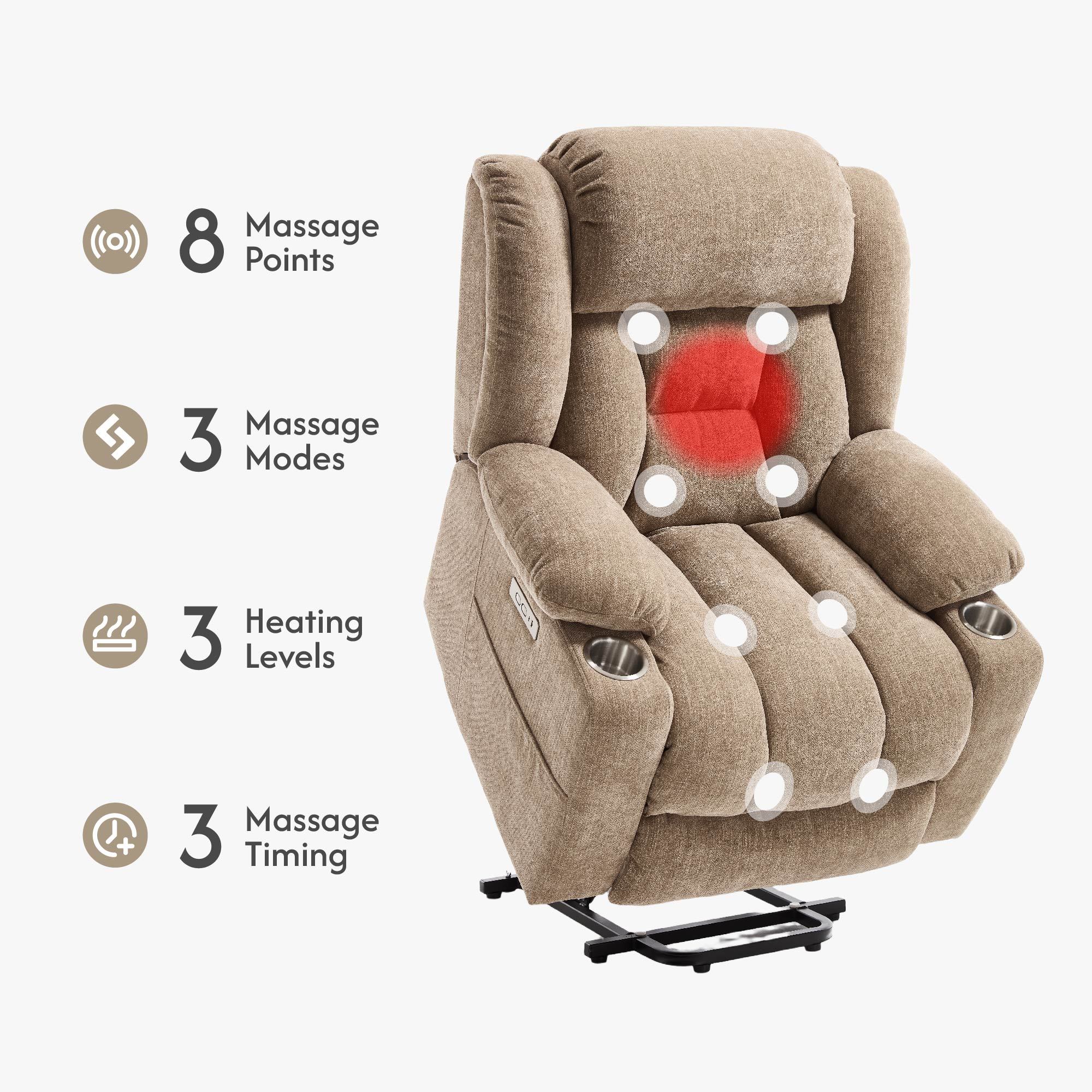 Power Lift Recliner Chair With Massage & Heat, Single Motor Lift Chair, Chenille Fabric Upholstery, USB Type-C, Cup Holders, Side Pockets, Light Brown - Image 2
