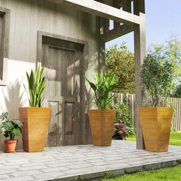 Set of 3 Tall Planters, 28" Outdoor Planter w/ Drainage Holes, Faux Wood Plastic Flower Pots, Light Brown - Image 8