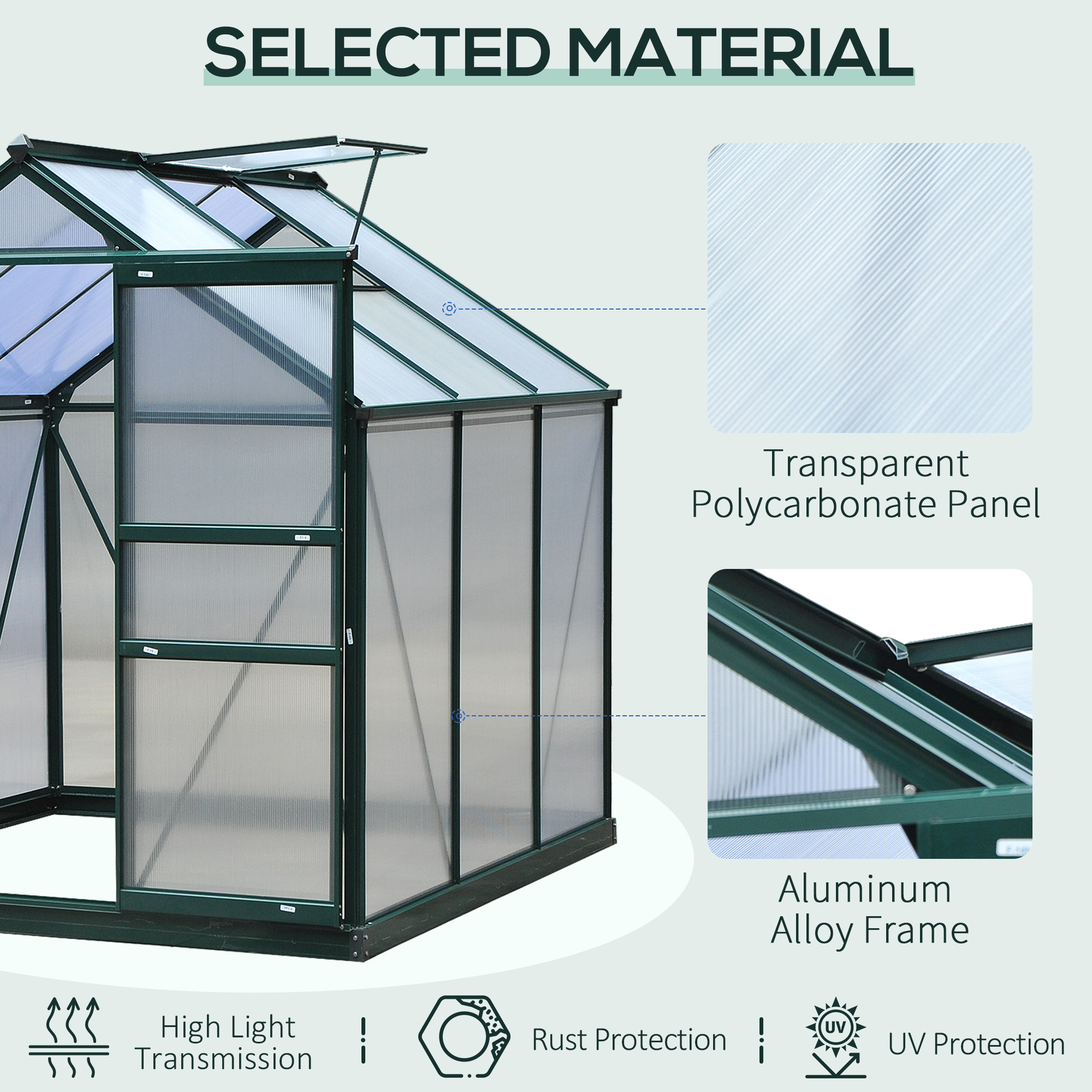 Walk In Greenhouse 6 X 6 X 7 Aluminum Polycarbonate Portable Garden Greenhouse With Rooftop Vent UV-Resistant Walls Dark Green - Image 3