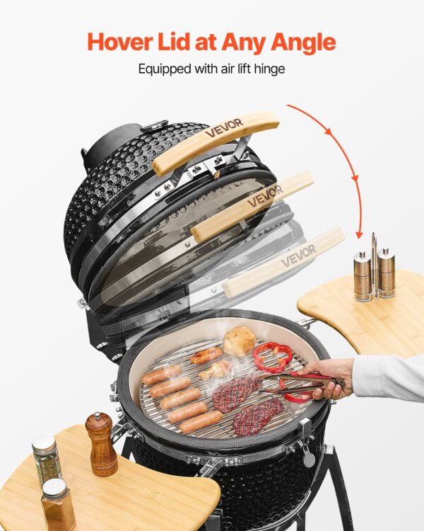 Charcoal Smoker And Grill, 18" Kamado Charcoal BBQ Smoker, Movable Ceramic Barbecue Grill With 4 Wheels (2 Lockable), Built-in Thermometer, Air Vents & Side Shelf For Outdoor Patio Yard Cooking - Image 3