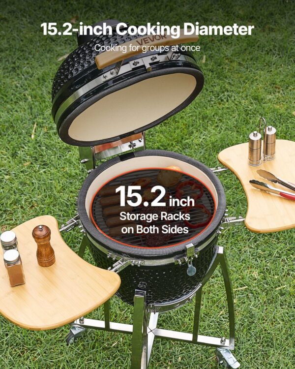 Charcoal Smoker And Grill, 18" Kamado Charcoal BBQ Smoker, Movable Ceramic Barbecue Grill With 4 Wheels (2 Lockable), Built-in Thermometer, Air Vents & Side Shelf For Outdoor Patio Yard Cooking - Image 2