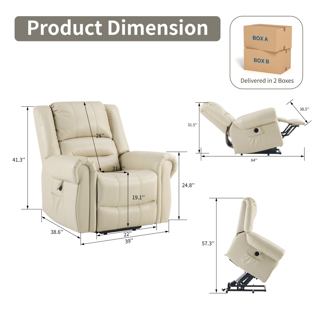 Power Lift Recliner Chair With Massage & Heat, Single Motor Lift Chair, Breathable PU Faux Leather, USB & Type-C, Side Pockets, Cream - Image 8