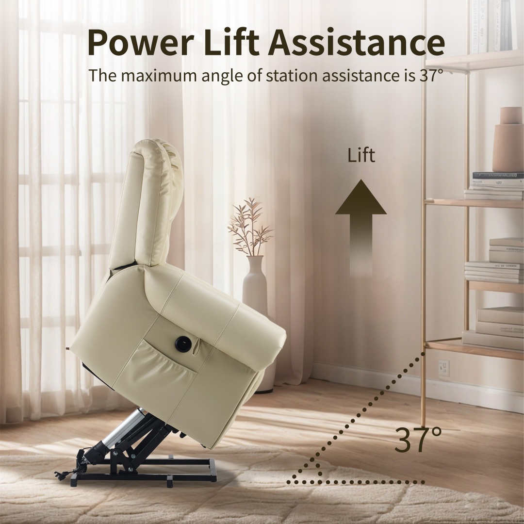Power Lift Recliner Chair With Massage & Heat, Single Motor Lift Chair, Breathable PU Faux Leather, USB & Type-C, Side Pockets, Cream - Image 3