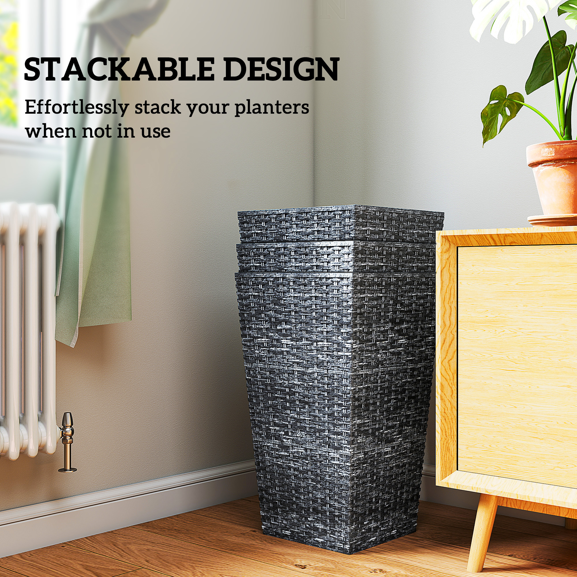 Tall Planters for Outdoor Plants Set of 3, 24 In Taper Planters with Drainage Holes, Rattan Decor Plant Pots for Indoor Outdoor Front Porch Patio Backyard, Gray - Image 6