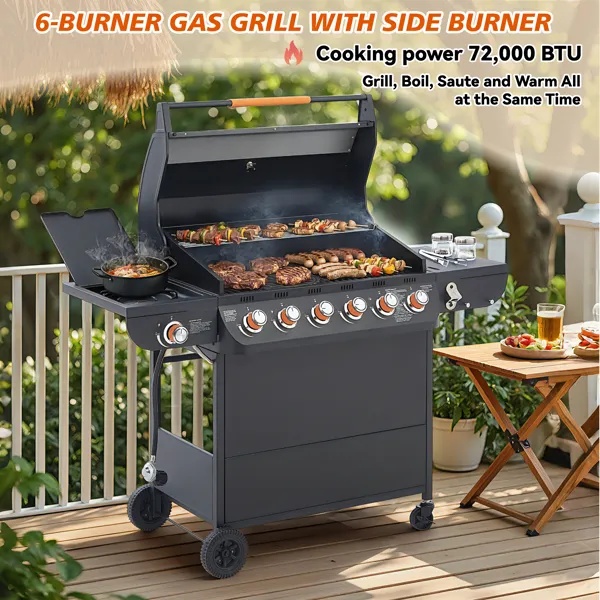6 Burner BBQ Propane Gas Grill With Side Burner 72000 BTU Output Stainless Steel Barbecue Grill With Cast Iron Grates And Side Tables For Outdoor Cooking Kitchen And Patio Backyard. - Image 4
