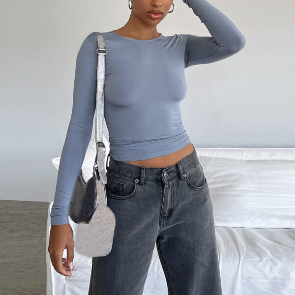 Women's Clothing Fashion Slim Long-sleeved Pullovers Tops Solid Causal Fit Shirts - Image 10