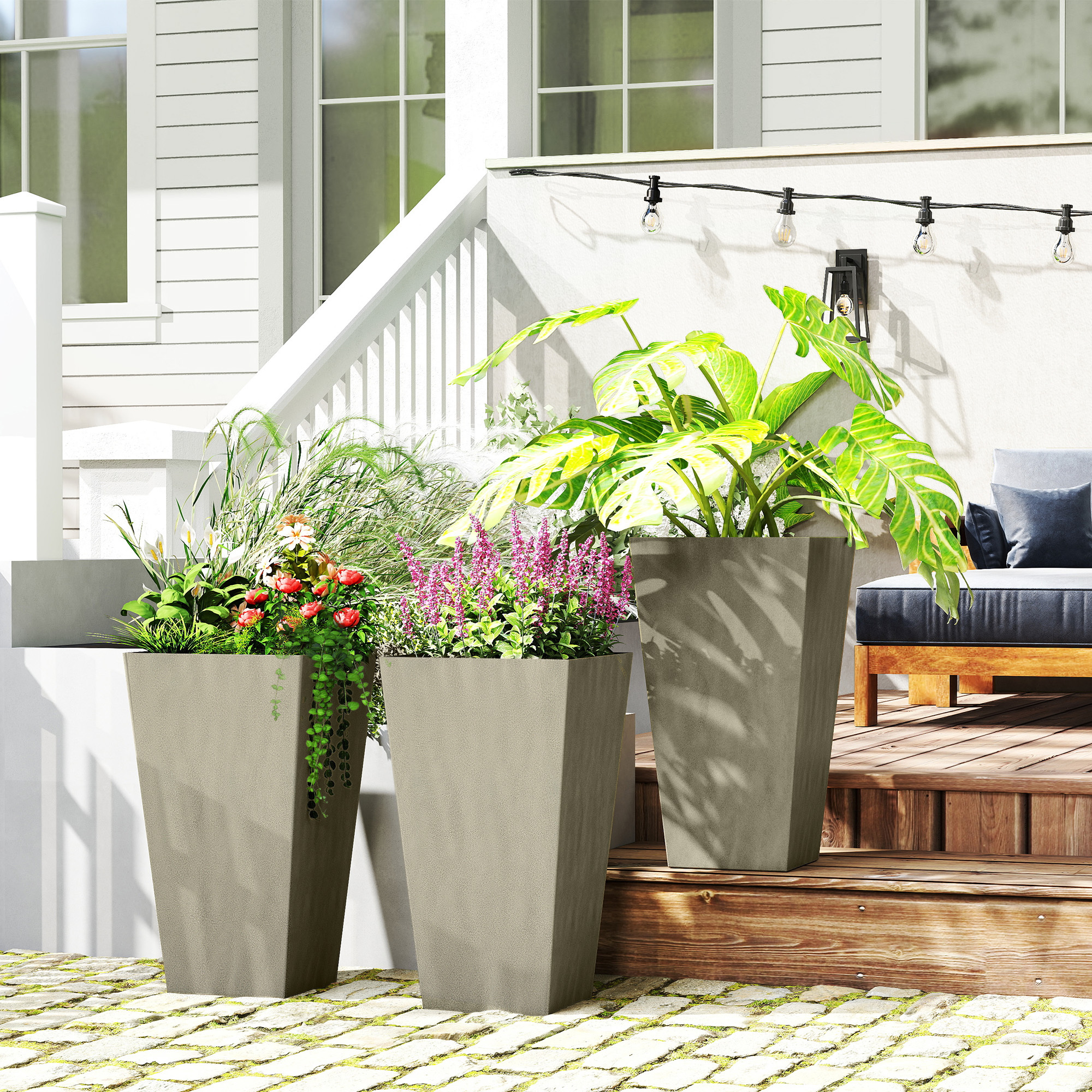 Tall Planters For Outdoor Plants Set Of 3, 28 In Taper Planters With Drainage Holes, Indoor Grande Plant Pots, Front Porch Decor, Grey