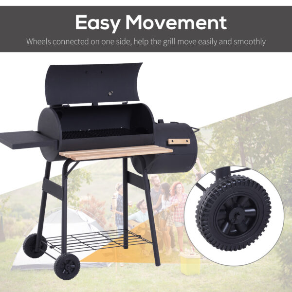 Charcoal BBQ, Portable Grill With Wheels, All-in-One Grill, Side Vent, Two Shelves And Metal Grating, Lit-Mounted Thermometer, Wooden Handle, For Outdoor Cooking, Black - Image 5