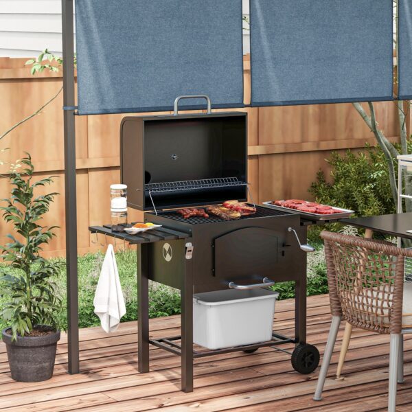 Charcoal BBQ Grill w/ Adjustable Height, Folding Shelves, Thermometer, and Wheels, Black - Image 8