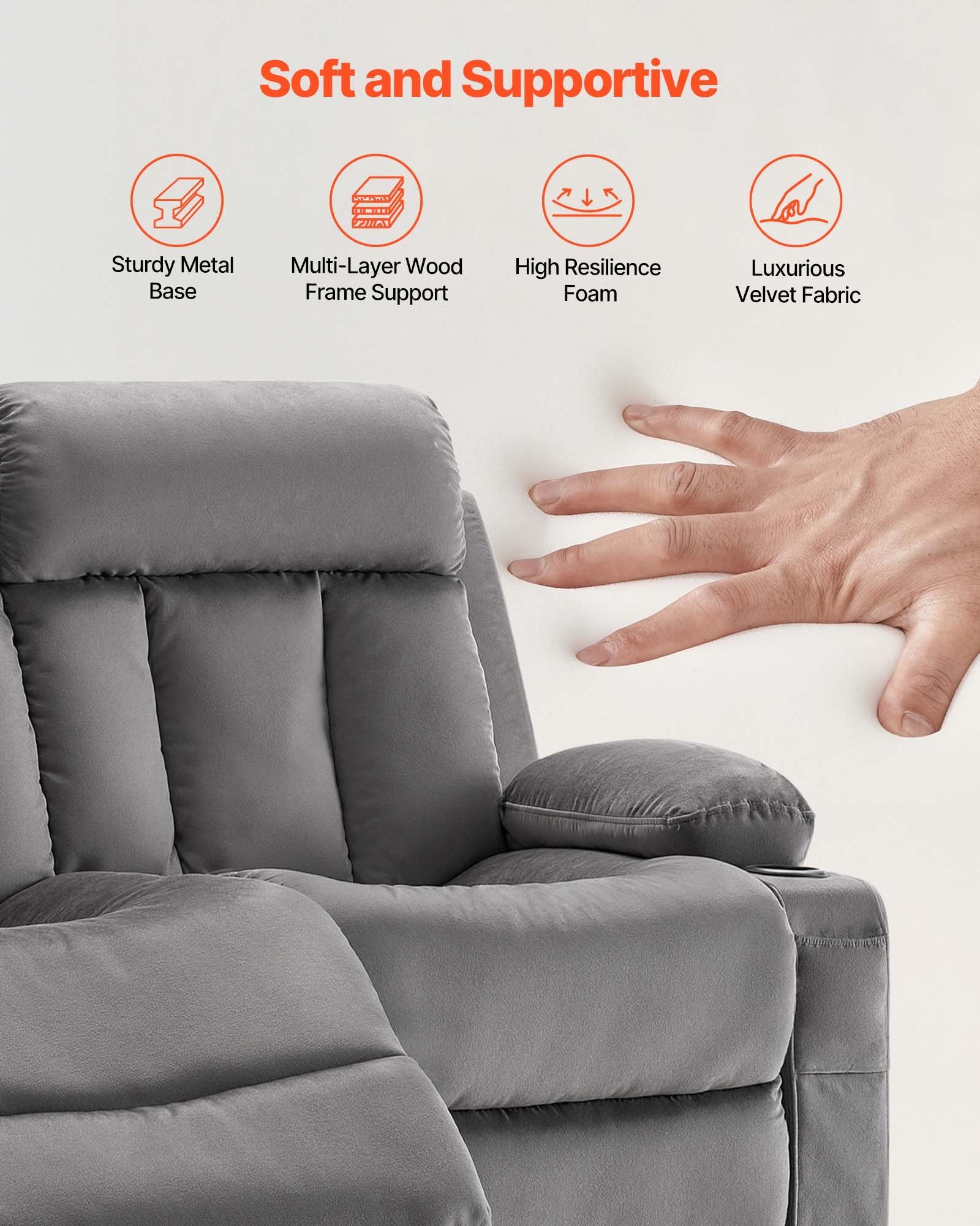 Loveseat Recliner Sofa, Power Reclining Couch With Heating And Massage, Soft Velvet Electric Recliner Sofa With USB Ports, Cup Holders AndSideBags, Dual Loveseat Chair For Living Room, Grey - Image 5