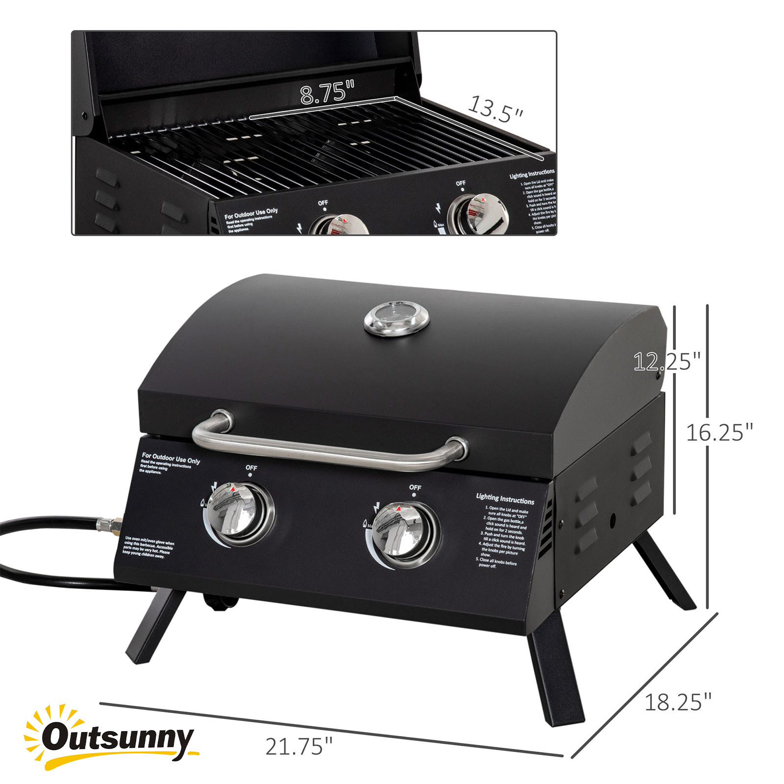 21.75" Charcoal BBQ, Portable Grill with 2 Burners, Heat-Resistant Handle, Folding Legs, Removable Ashtray, Thermometer, Carbon Steel, for Outdoor Cooking, Camping, Black - Image 2