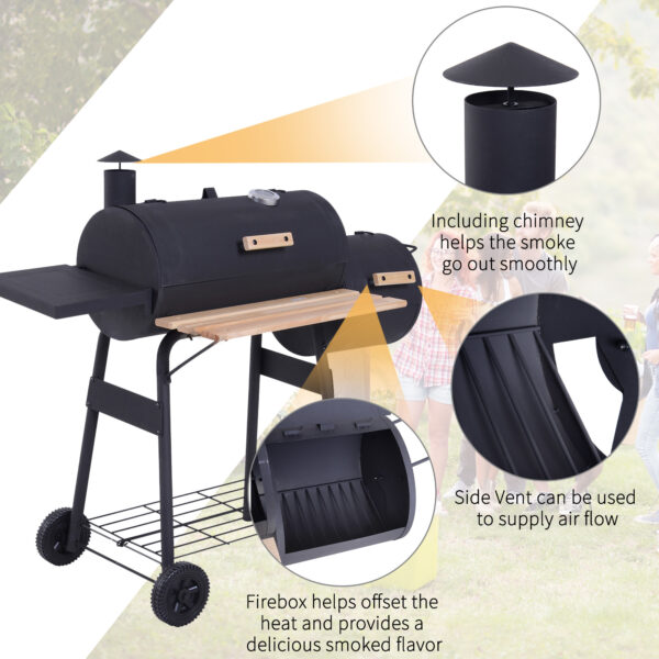 Charcoal BBQ, Portable Grill With Wheels, All-in-One Grill, Side Vent, Two Shelves And Metal Grating, Lit-Mounted Thermometer, Wooden Handle, For Outdoor Cooking, Black - Image 4