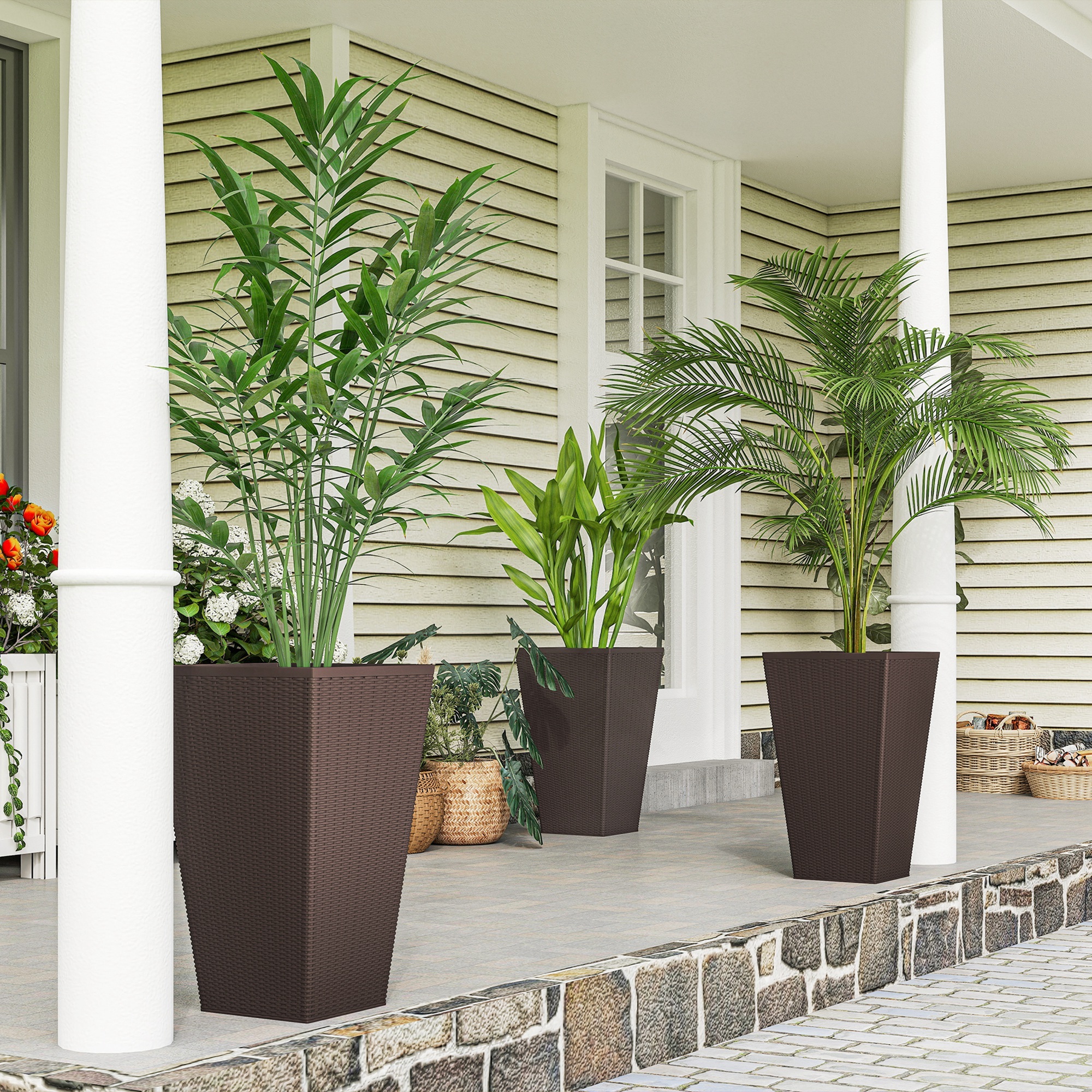 Set of 3 Tall Planters with Drainage Hole, 24" Outdoor Flower Plant Pots, Indoor Planters for Porch, Front Door, Entryway, Patio and Deck, Brown - Image 2