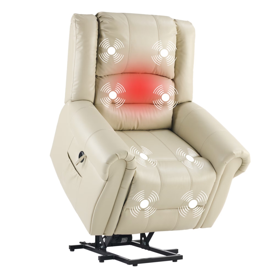 Power Lift Recliner Chair With Massage & Heat, Single Motor Lift Chair, Breathable PU Faux Leather, USB & Type-C, Side Pockets, Cream - Image 4