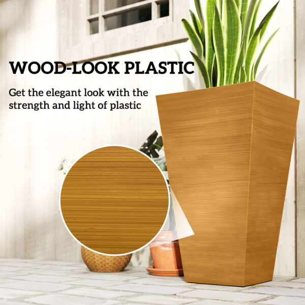 Set of 3 Tall Planters, 28" Outdoor Planter w/ Drainage Holes, Faux Wood Plastic Flower Pots, Light Brown - Image 2