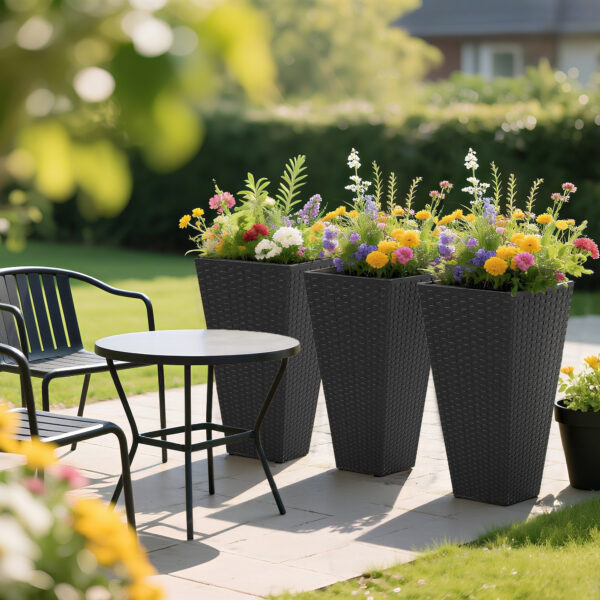 Tall Planters for Outdoor Plants Set of 3, 24 In Taper Planters with Drainage Holes, Rattan Decor Plant Pots for Indoor Outdoor Front Porch Patio Backyard, Black - Image 7