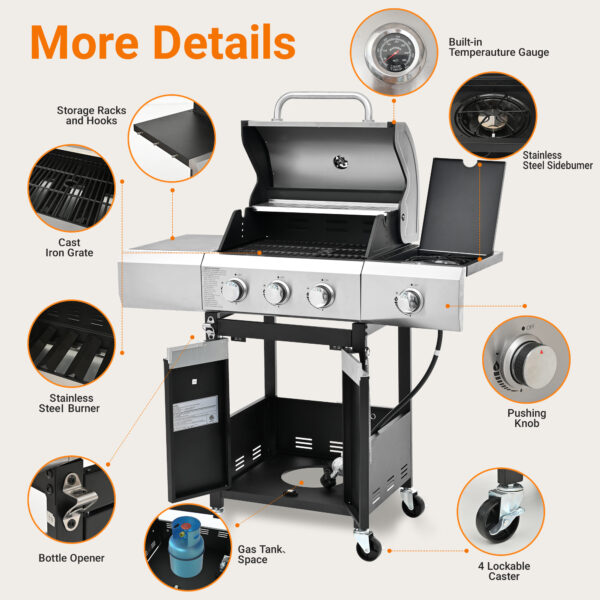 Propane Grill 3 Burner Barbecue Grill Stainless Steel Gas Grill With Side Burner For Outdoor BBQ, Camping - Image 6