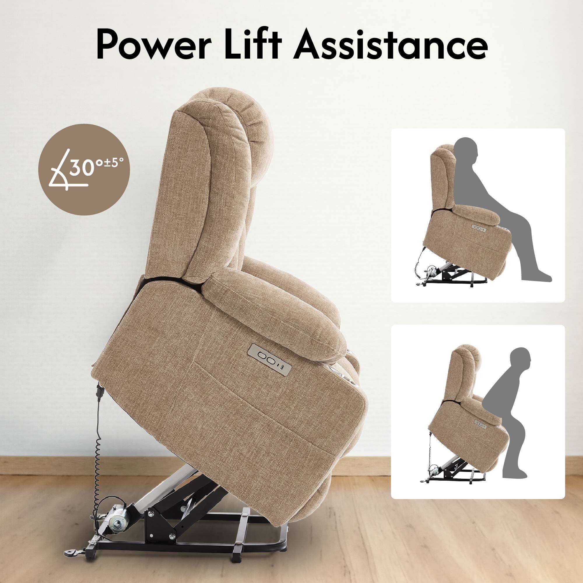 Power Lift Recliner Chair With Massage & Heat, Single Motor Lift Chair, Chenille Fabric Upholstery, USB Type-C, Cup Holders, Side Pockets, Light Brown - Image 5