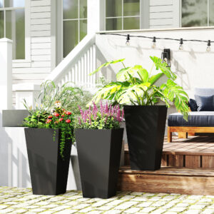 Tall Planters For Outdoor Plants Set Of 3, 28 In Taper Planters With Drainage Holes, Indoor Grande Plant Pots, Front Porch Decor (Black)