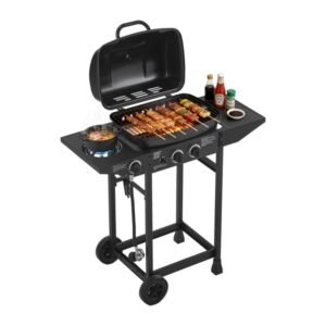 2 Burner BBQ Propane Gas Grill With Side Burner 24000 BTU Output Stainless Steel Barbecue Grill With Enameled Grates And Side Tables For Outdoor Cooking Kitchen And Patio Backyard