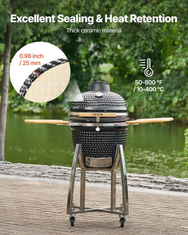 Charcoal Smoker And Grill, 18" Kamado Charcoal BBQ Smoker, Movable Ceramic Barbecue Grill With 4 Wheels (2 Lockable), Built-in Thermometer, Air Vents & Side Shelf For Outdoor Patio Yard Cooking - Image 4