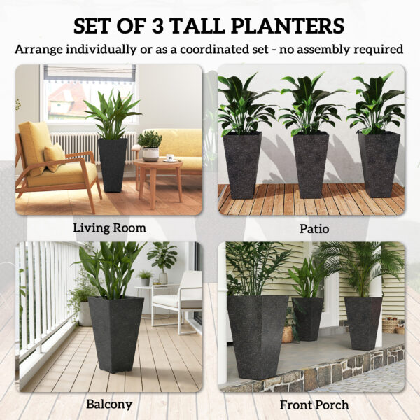 28" Tall Planters, Set Of 3 Plastic Flower Pots With Marble Finish And Drainage Holes, Stackable Taper Planters, Black - Image 2