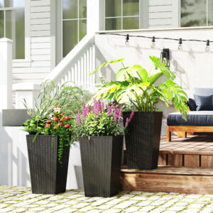 Tall Planters for Outdoor Plants Set of 3, 24 In Taper Planters with Drainage Holes, Rattan Decor Plant Pots for Indoor Outdoor Front Porch Patio Backyard, Black