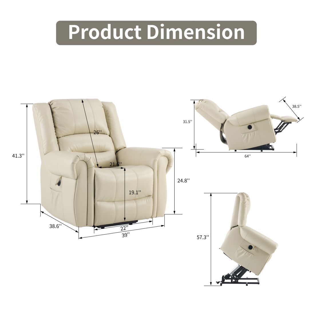 Power Lift Recliner Chair With Massage & Heat, Single Motor Lift Chair, Breathable PU Faux Leather, USB & Type-C, Side Pockets, Cream - Image 7