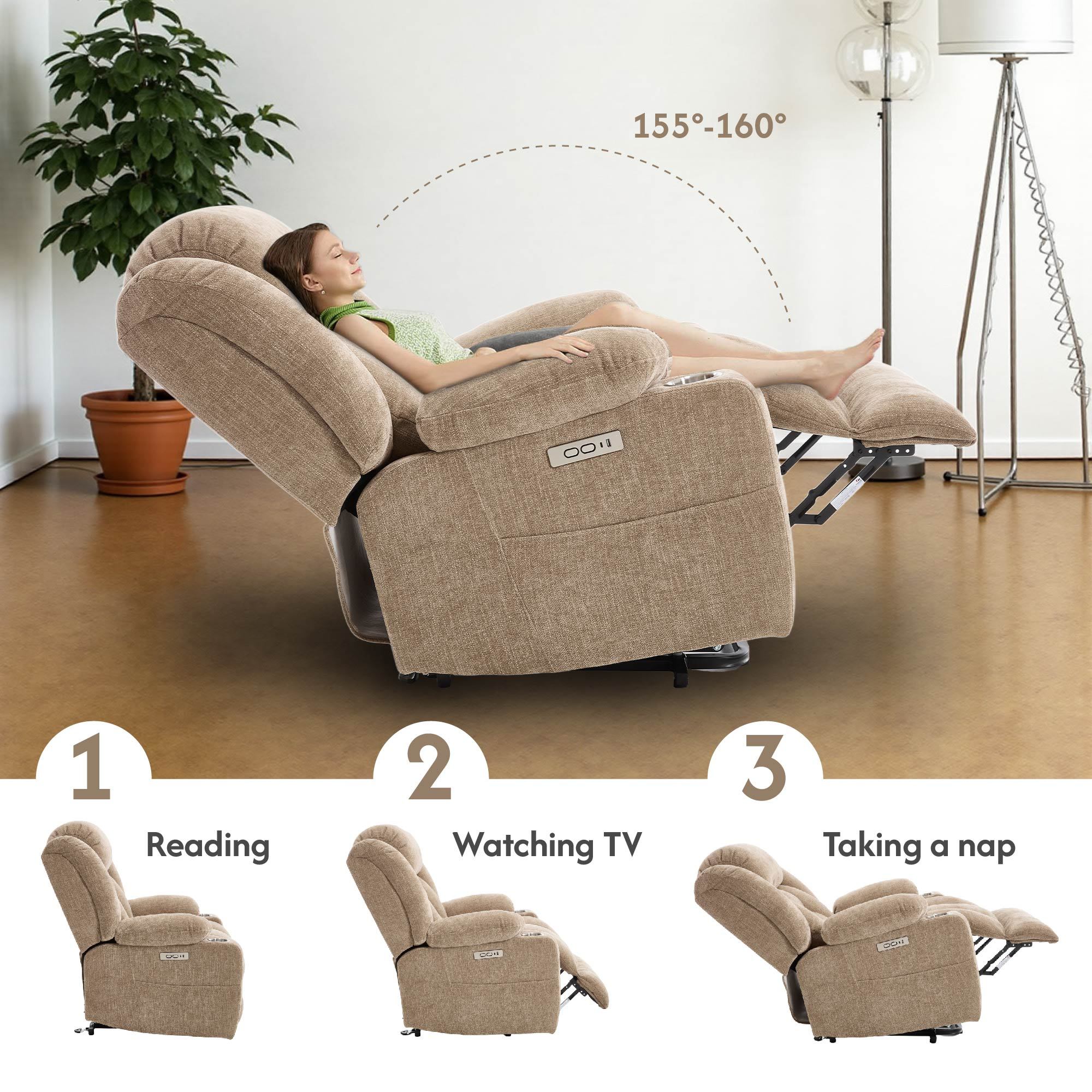 Power Lift Recliner Chair With Massage & Heat, Single Motor Lift Chair, Chenille Fabric Upholstery, USB Type-C, Cup Holders, Side Pockets, Light Brown - Image 4