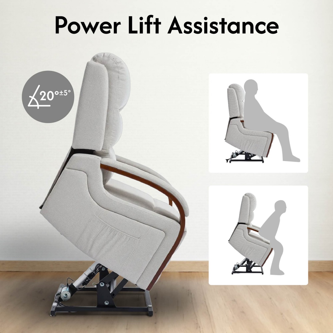 Power Lift Recliner Chair With Massage & Heat For Elderly, Dual Motor Electric Lift Recliner, Egyptian Velvet Fabric Upholstery, Side Pockets, Beige - Image 7