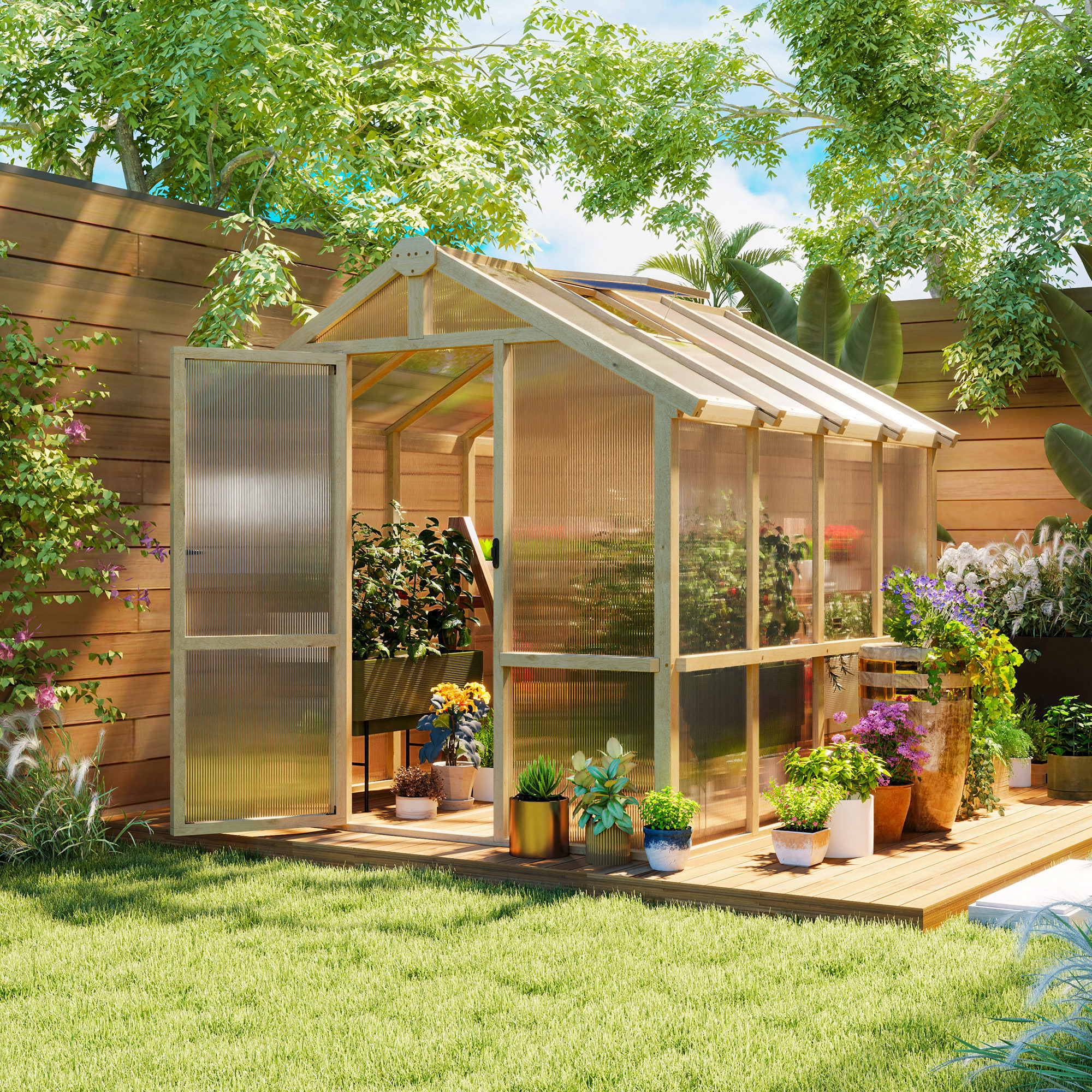 6.6 X 8 Ft. Polycarbonate Greenhouse Wooden Walk-in Greenhouse Kit With Thickened Panels, Roof Vent, And Lockable Door - Image 5