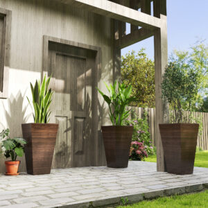 Set Of 3 Tall Planters, 28" Outdoor Planter W/ Drainage Holes, Faux Wood Plastic Flower Pots, Brown