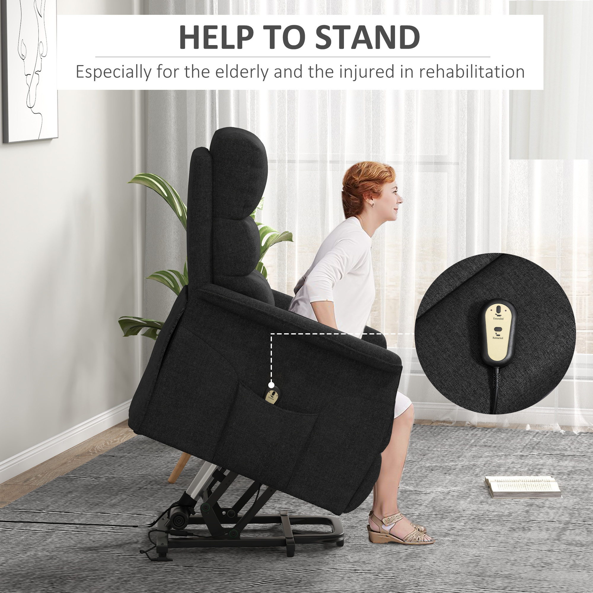 Power Lift Chair for Seniors, Electric Lift Recliner Chair with Remote Control, Side Pockets for Living Room, Black - Image 2