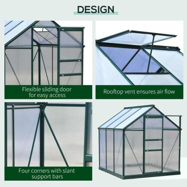 Walk In Greenhouse 6 X 6 X 7 Aluminum Polycarbonate Portable Garden Greenhouse With Rooftop Vent UV-Resistant Walls Dark Green - Image 6