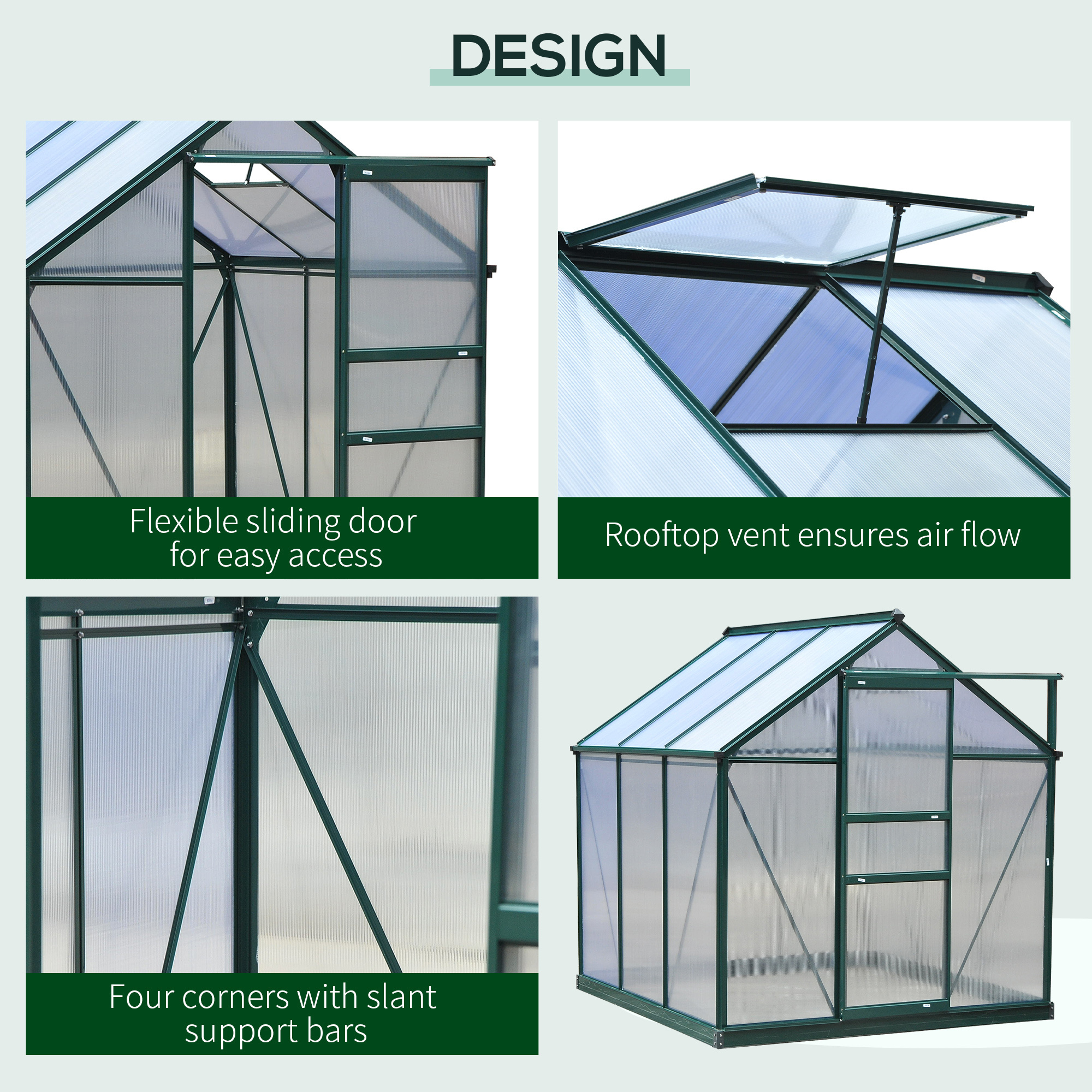 Walk In Greenhouse 6 X 6 X 7 Aluminum Polycarbonate Portable Garden Greenhouse With Rooftop Vent UV-Resistant Walls Dark Green - Image 6