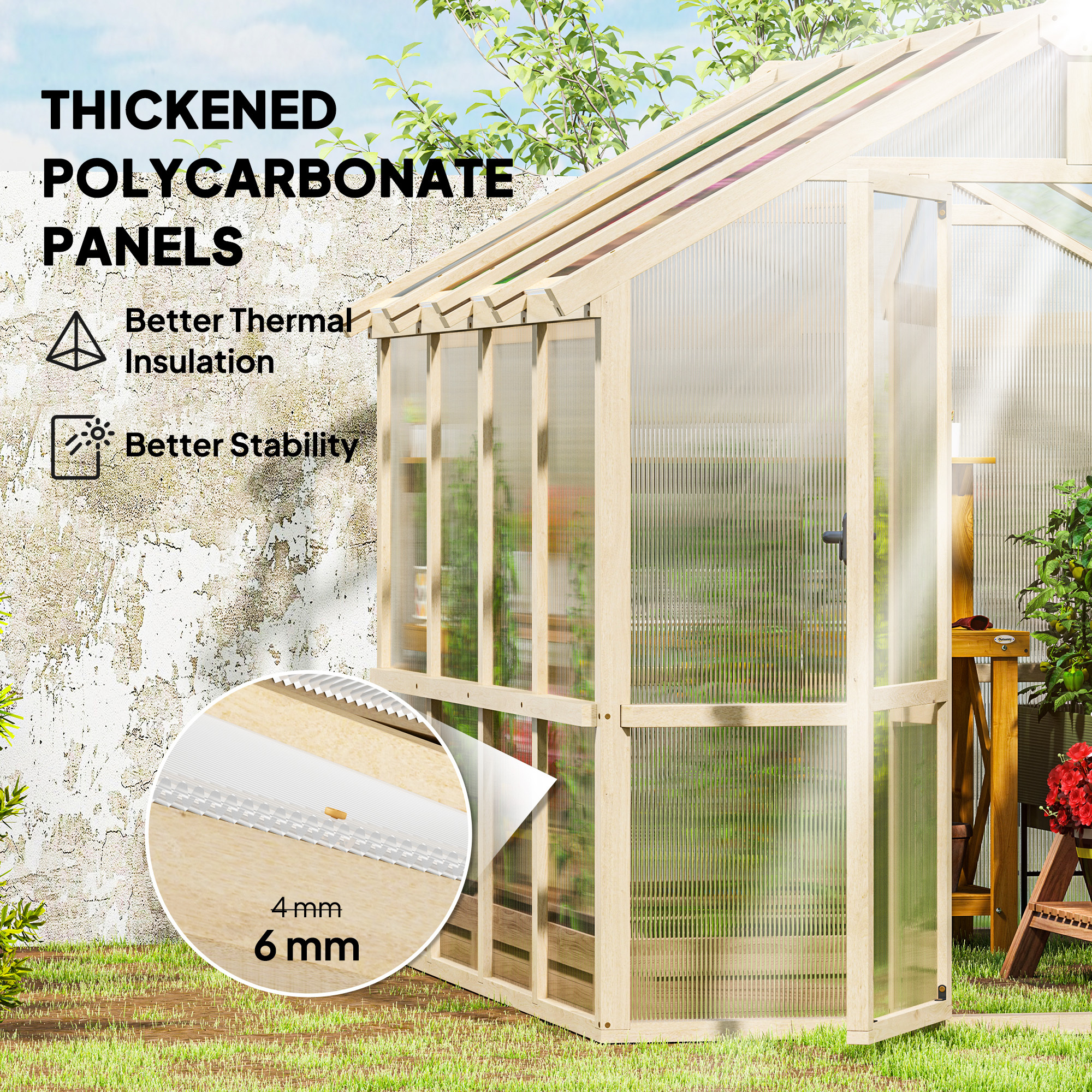 6.6 X 8 Ft. Polycarbonate Greenhouse Wooden Walk-in Greenhouse Kit With Thickened Panels, Roof Vent, And Lockable Door - Image 2